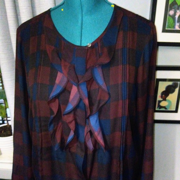 Ann Taylor Checkered Plaid Ruffled Blouse Sz L - Picture 12 of 12